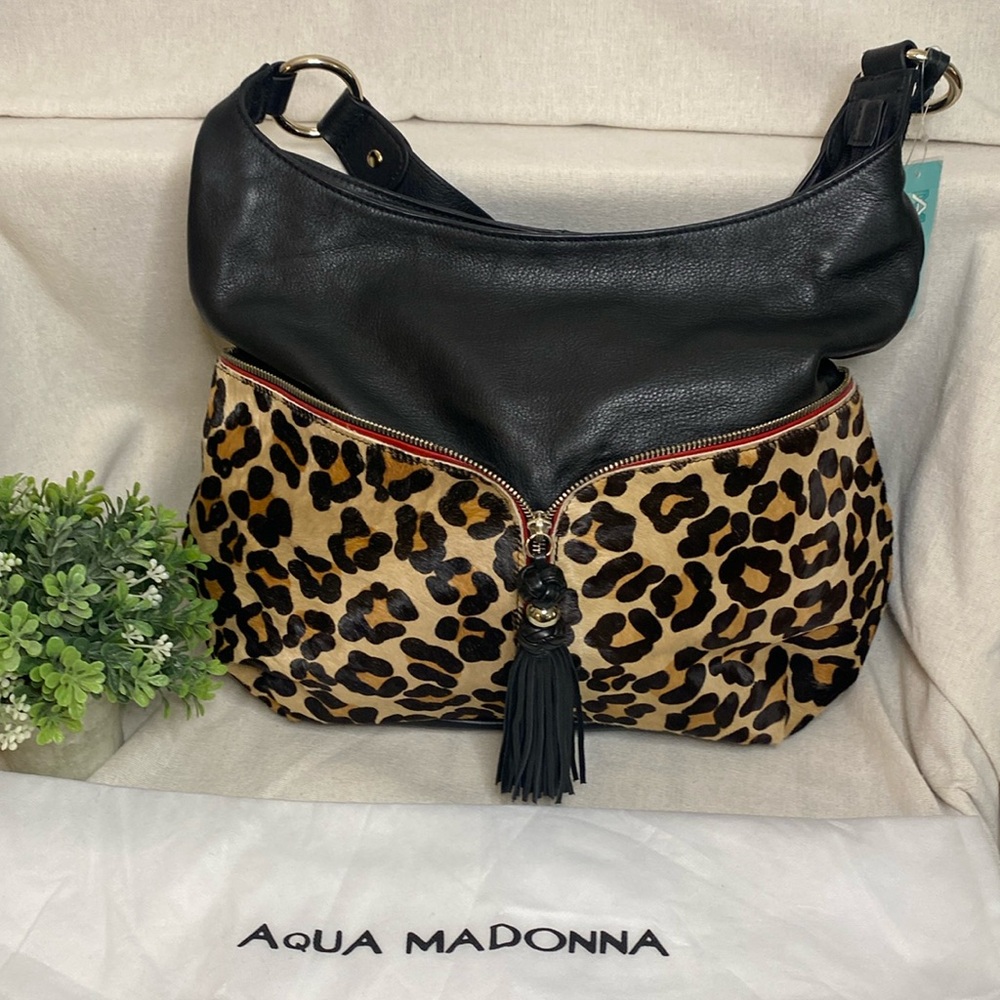 NWT Aqua Madonna Black Calf Leather Hair Leopard Print Large Bag w/Dustbag